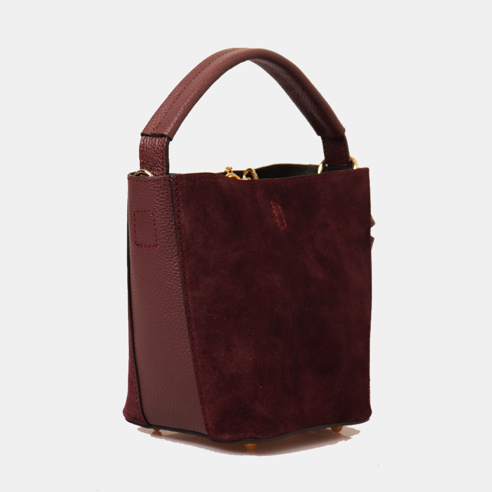 Borsa Secchiello con Pochette VIAVERDI in Camoscio e Pelle Bordeaux Made in Italy linea Pienza