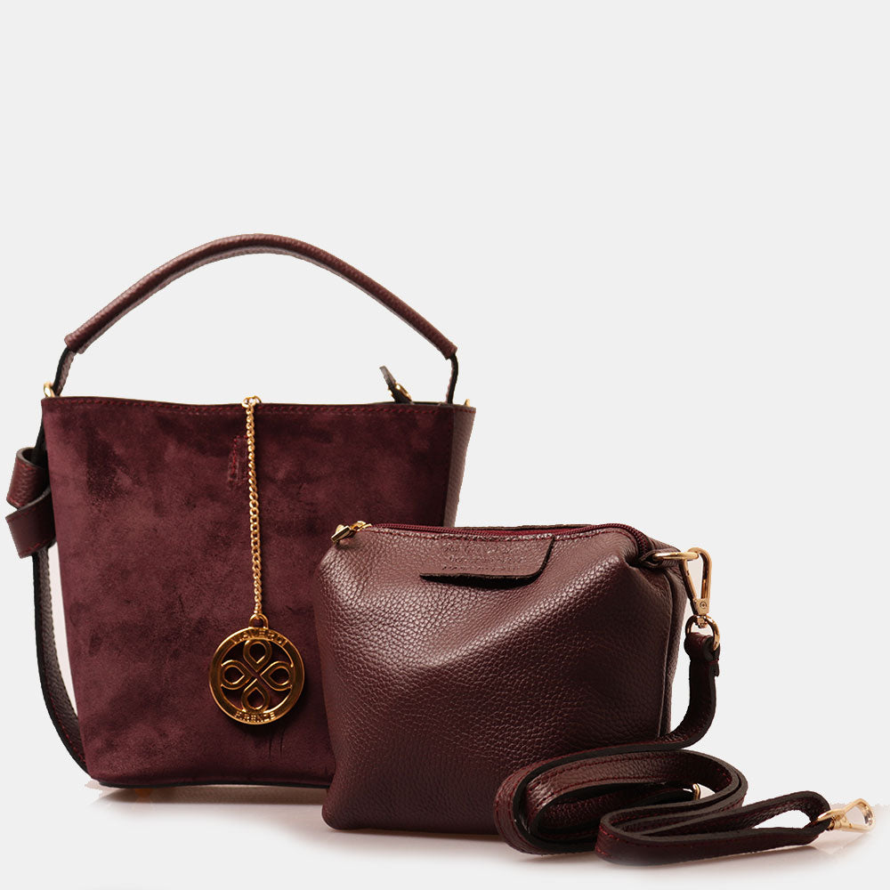 Borsa Secchiello con Pochette VIAVERDI in Camoscio e Pelle Bordeaux Made in Italy linea Pienza