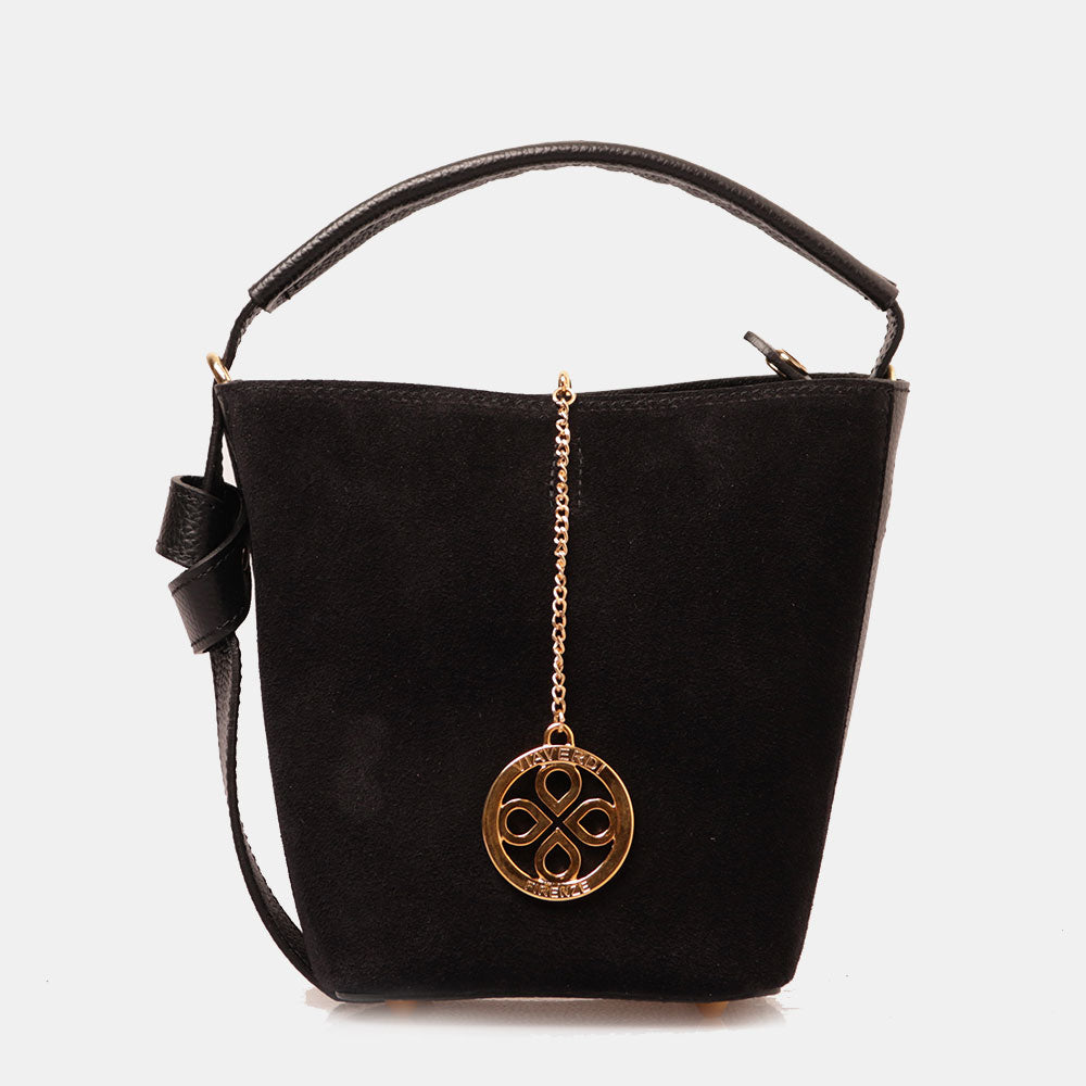 Borsa Secchiello con Pochette VIAVERDI in Camoscio e Pelle Nera Made in Italy linea Pienza