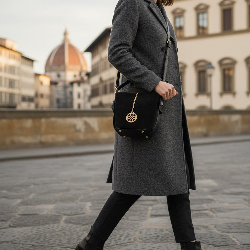 Borsa Secchiello con Pochette VIAVERDI in Camoscio e Pelle Nera Made in Italy linea Pienza