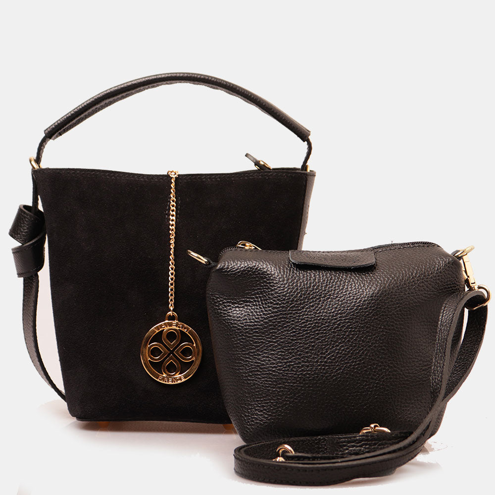 Borsa Secchiello con Pochette VIAVERDI in Camoscio e Pelle Nera Made in Italy linea Pienza