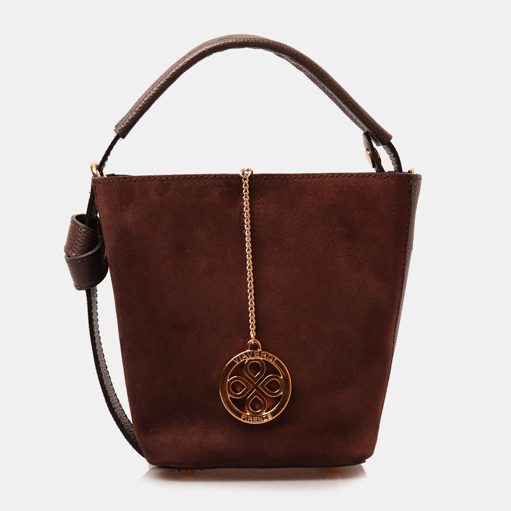 Borsa Secchiello con Pochette VIAVERDI in Camoscio e Pelle Marrone Scuro Made in Italy linea Pienza