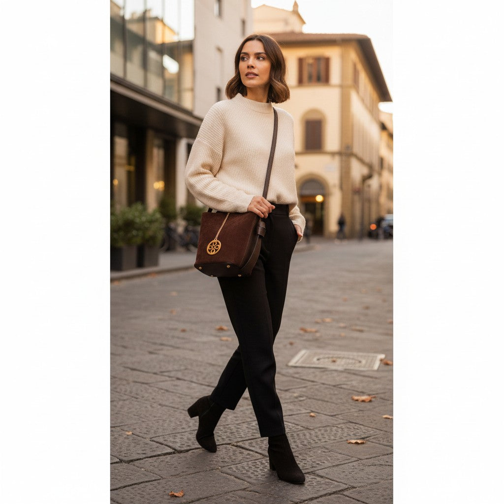 Borsa Secchiello con Pochette VIAVERDI in Camoscio e Pelle Marrone Scuro Made in Italy linea Pienza