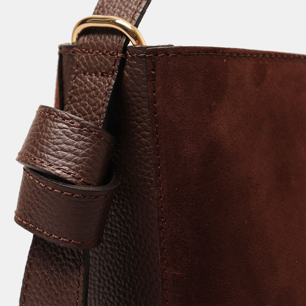 Borsa Secchiello con Pochette VIAVERDI in Camoscio e Pelle Marrone Scuro Made in Italy linea Pienza