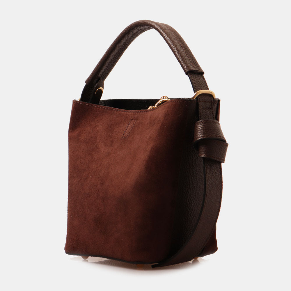 Borsa Secchiello con Pochette VIAVERDI in Camoscio e Pelle Marrone Scuro Made in Italy linea Pienza