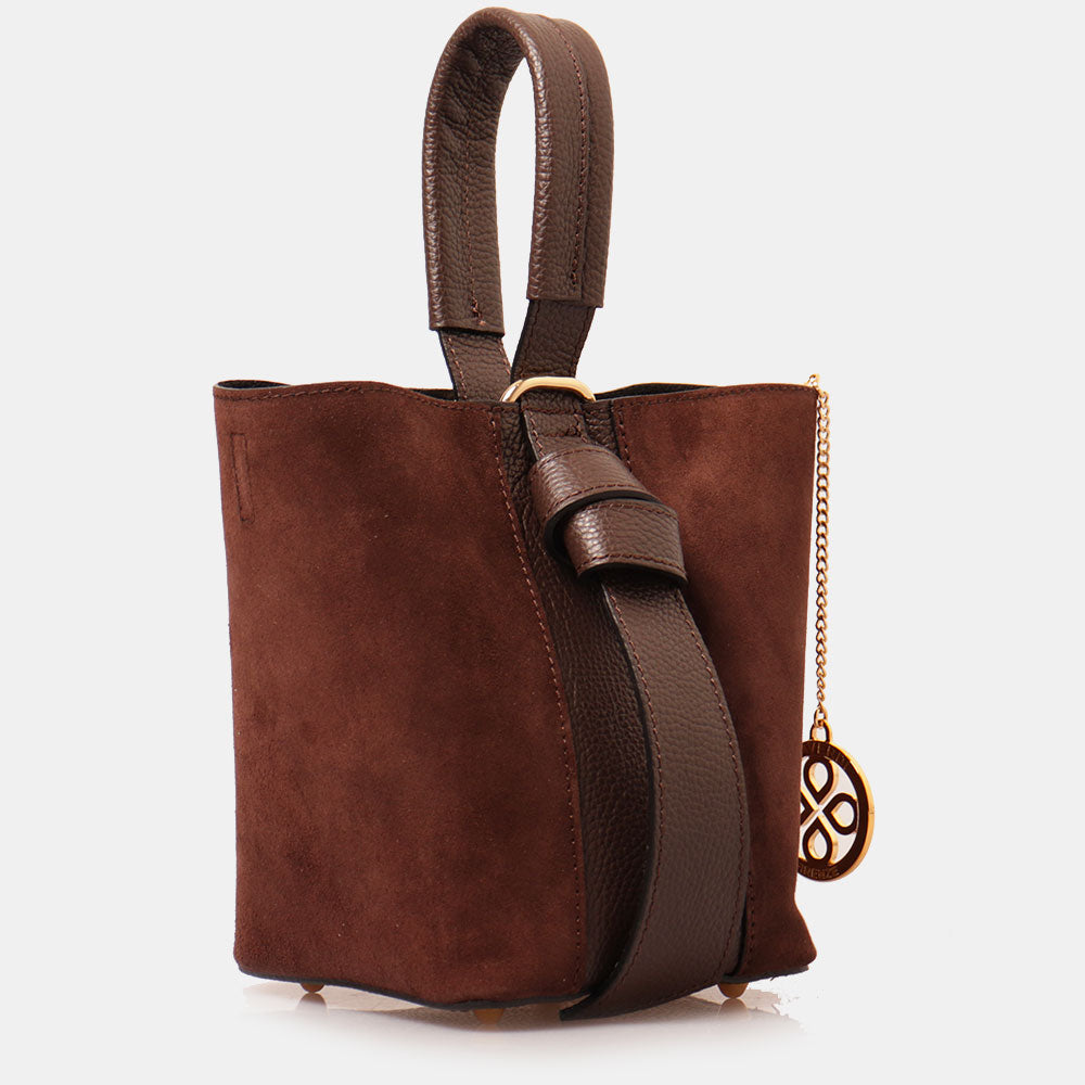 Borsa Secchiello con Pochette VIAVERDI in Camoscio e Pelle Marrone Scuro Made in Italy linea Pienza