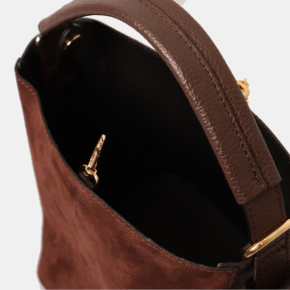 Borsa Secchiello con Pochette VIAVERDI in Camoscio e Pelle Marrone Scuro Made in Italy linea Pienza