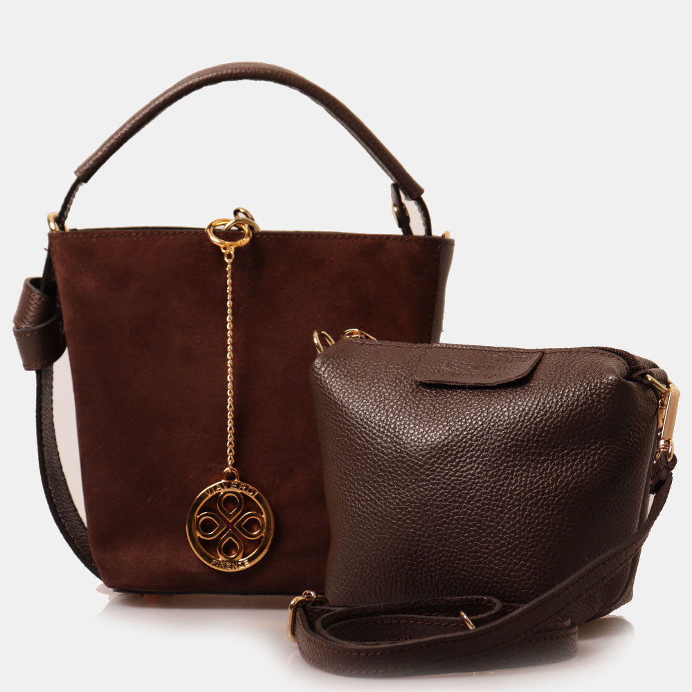 Borsa Secchiello con Pochette VIAVERDI in Camoscio e Pelle Marrone Scuro Made in Italy linea Pienza