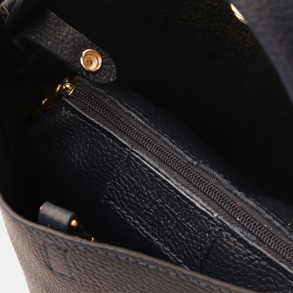 Borsa Secchiello con Pochette VIAVERDI in Pelle Blu Made in Italy linea Pienza