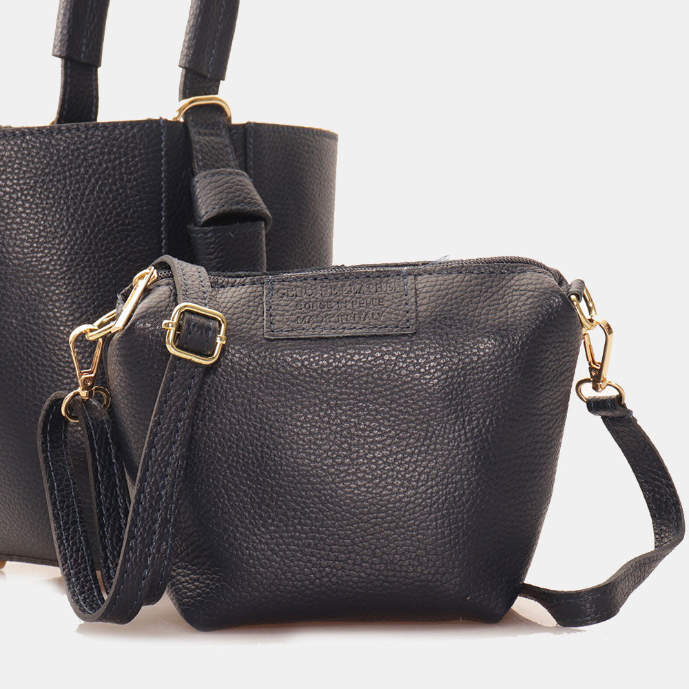 Borsa Secchiello con Pochette VIAVERDI in Pelle Blu Made in Italy linea Pienza