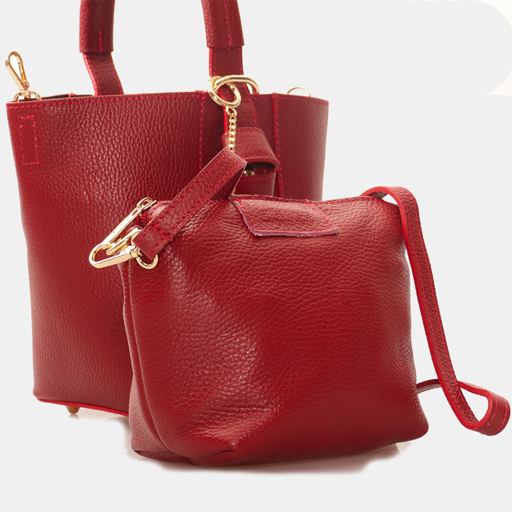 Borsa Secchiello con Tracolla e Pochette VIAVERDI in Pelle Rosso Scuro Made in Italy linea Pienza