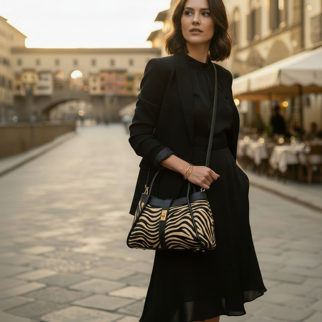 Borsa Donna a Mano VIAVERDI Pelle e Cavallino Animalier Zebrato Made in Italy linea Cortona