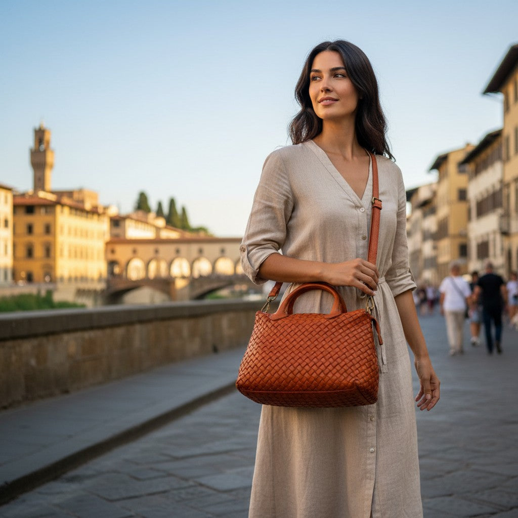 Handtasche ViaVerdi mit Flechtwerk aus Cognac-farbenem Leder, Made in Italy – Linie Tuscany