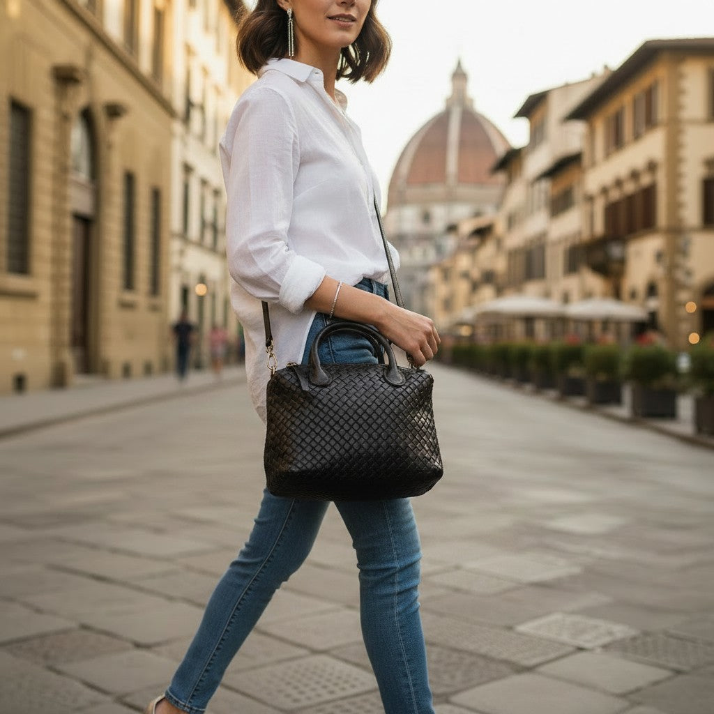 Borsa a Mano VIAVERDI in Pelle Nera con Intreccio Made in Italy linea Tuscany