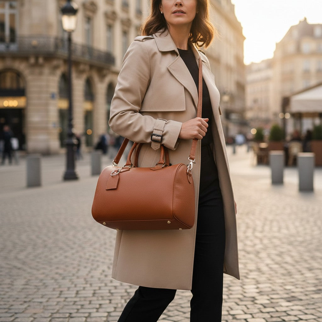 Ledertasche Boston Bag in der Farbe Cuoio VIAVERDI Made in Italy Linie San Gimignano