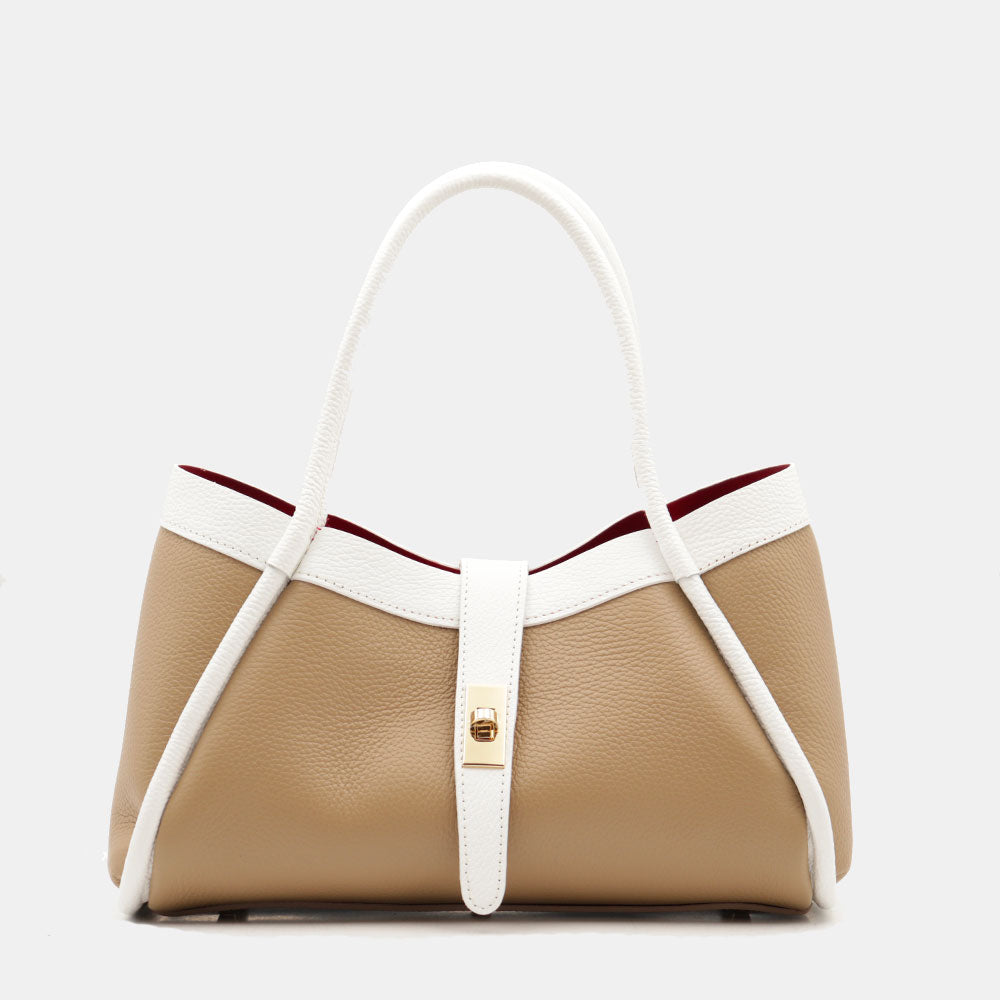 Borsa Donna a Mano VIAVERDI in Pelle Taupe e Bianca Made in Italy linea Cortona