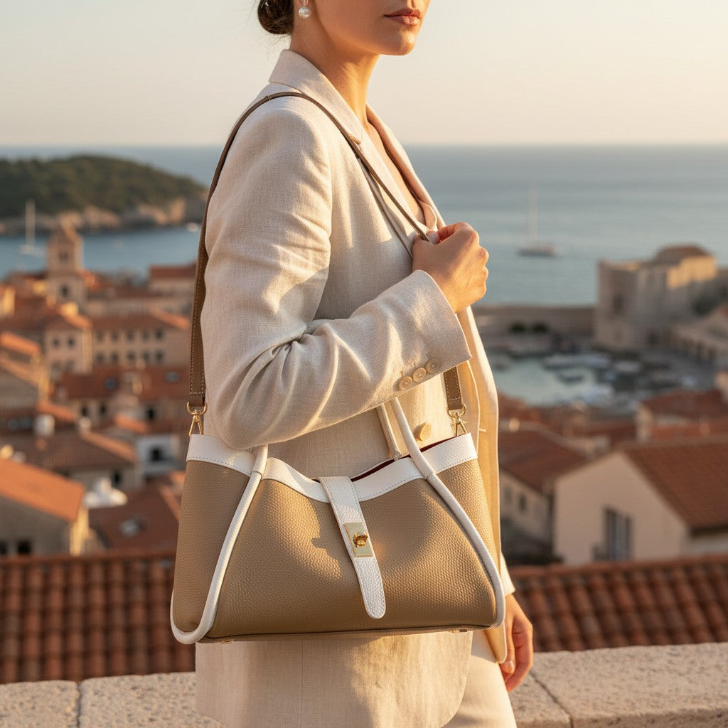 Damen-Handtasche VIAVERDI aus taupefarbenem und weißem Leder Made in Italy Linie Cortona