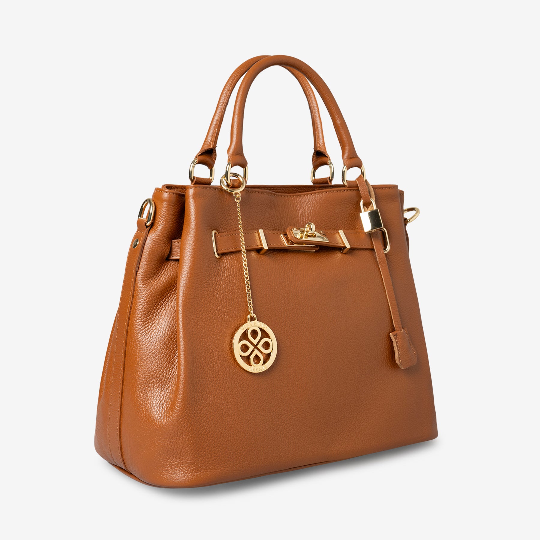 Borsa a Mano con Tracolla VIAVERDI in Pelle color Cuoio Made in Italy linea Artimino