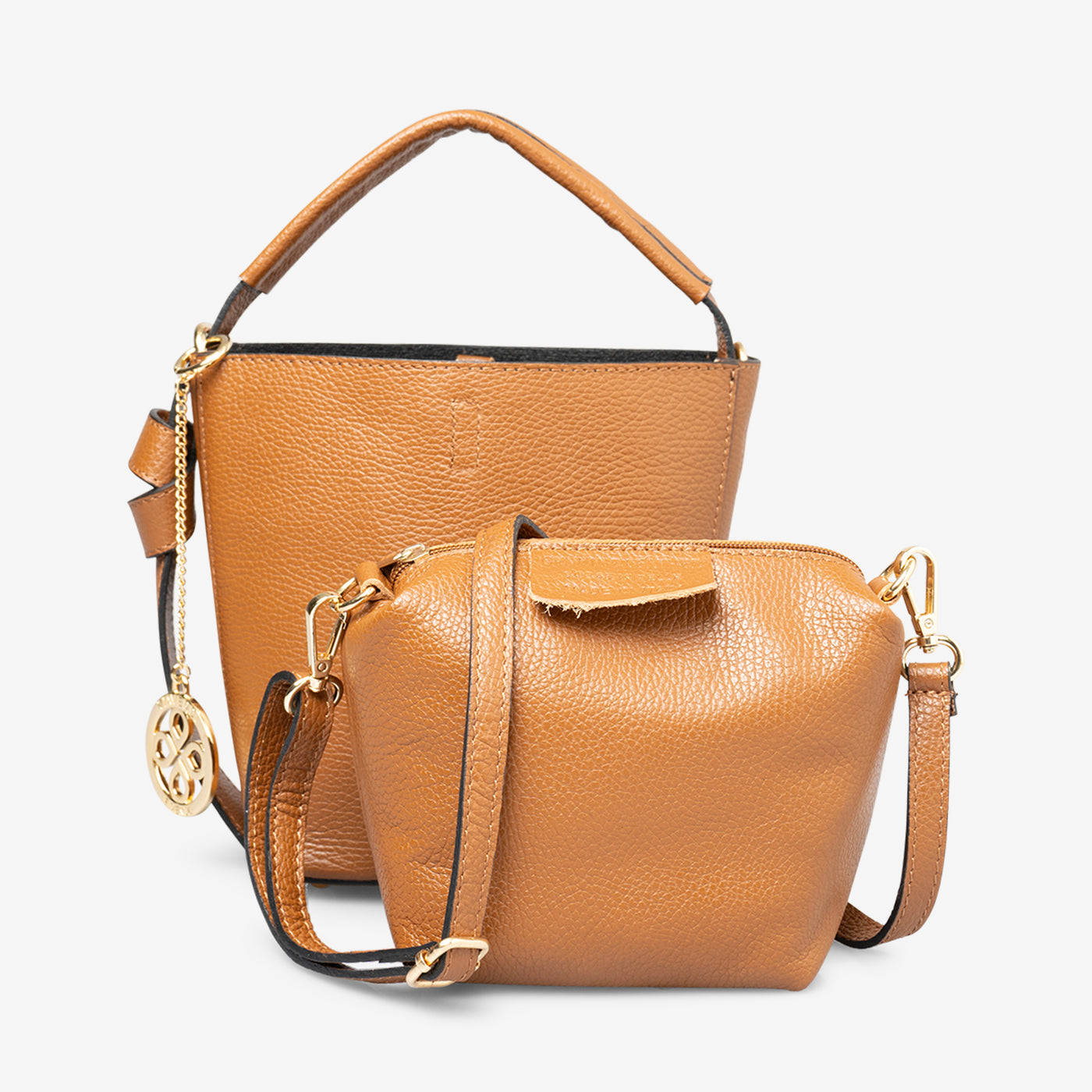 Bucket Bag with Shoulder Strap and Clutch VIAVERDI in Tan Leather Made in Italy Pienza line