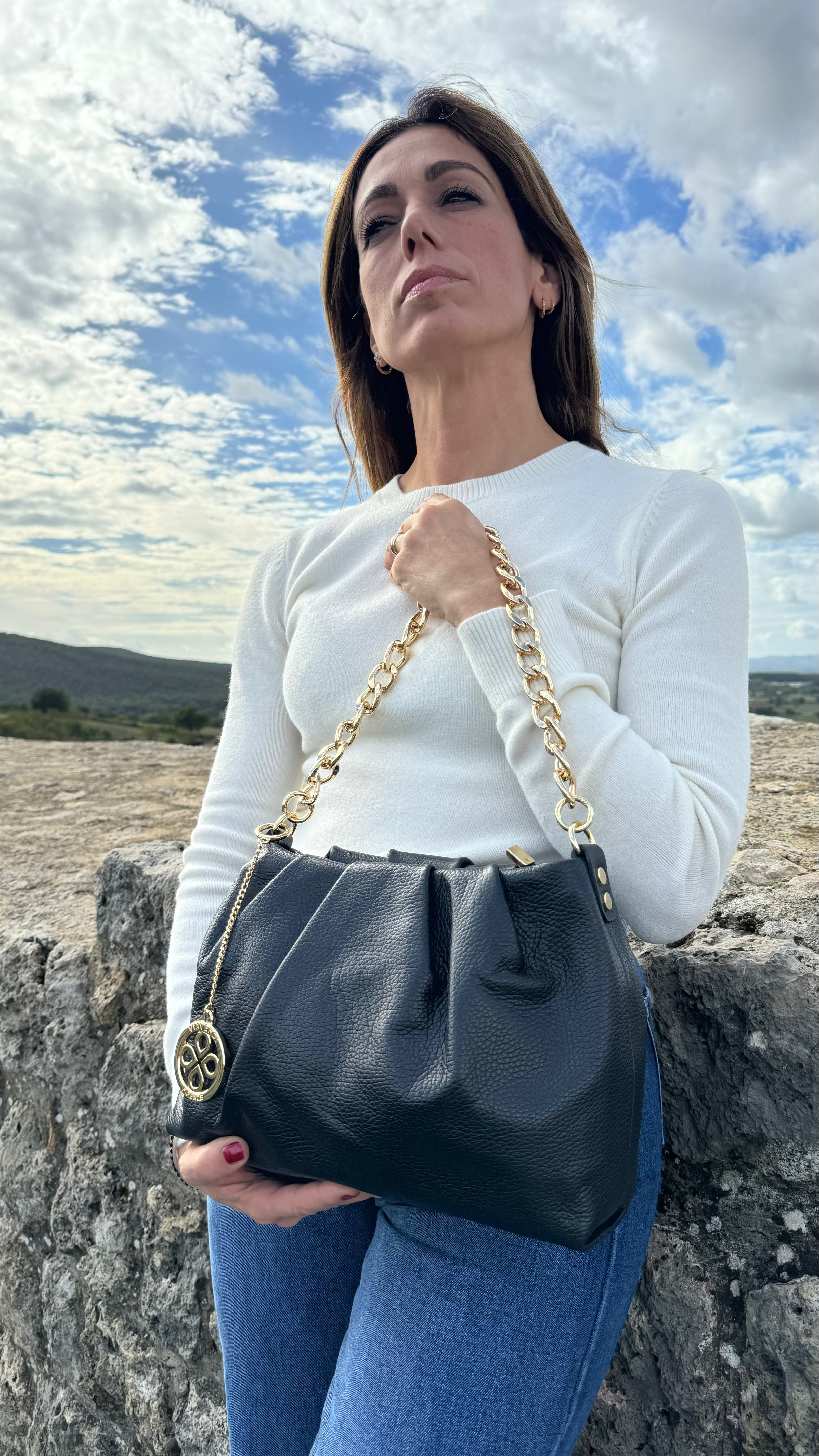 Borsa Hobo a Spalla con Catena VIAVERDI in Pelle Taupe Made in Italy linea Monteriggioni