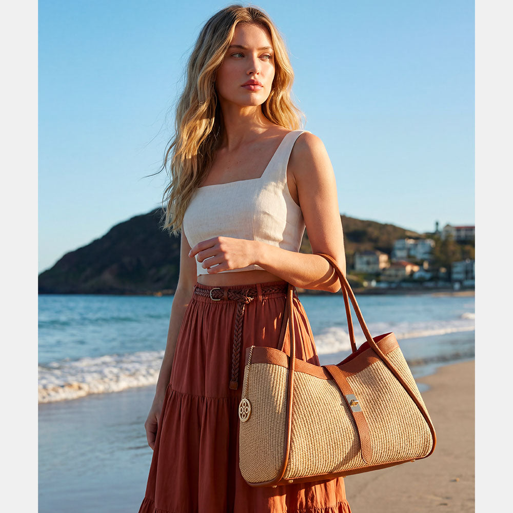 VIAVERDI Damen-Schultertasche aus Bast und braunem Leder, hergestellt in Italien, Cortona-Linie