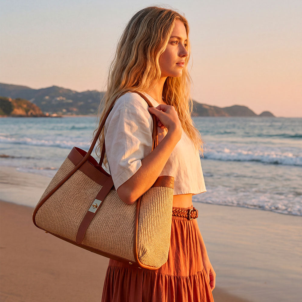 VIAVERDI Damen-Schultertasche aus Bast und braunem Leder, hergestellt in Italien, Cortona-Linie