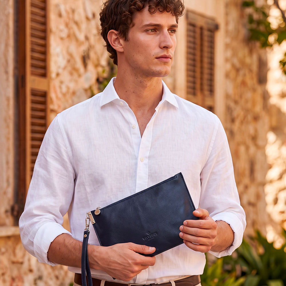 Pochette Uomo VIAVERDI Made in Italy in Pelle Blu Linea Firenze