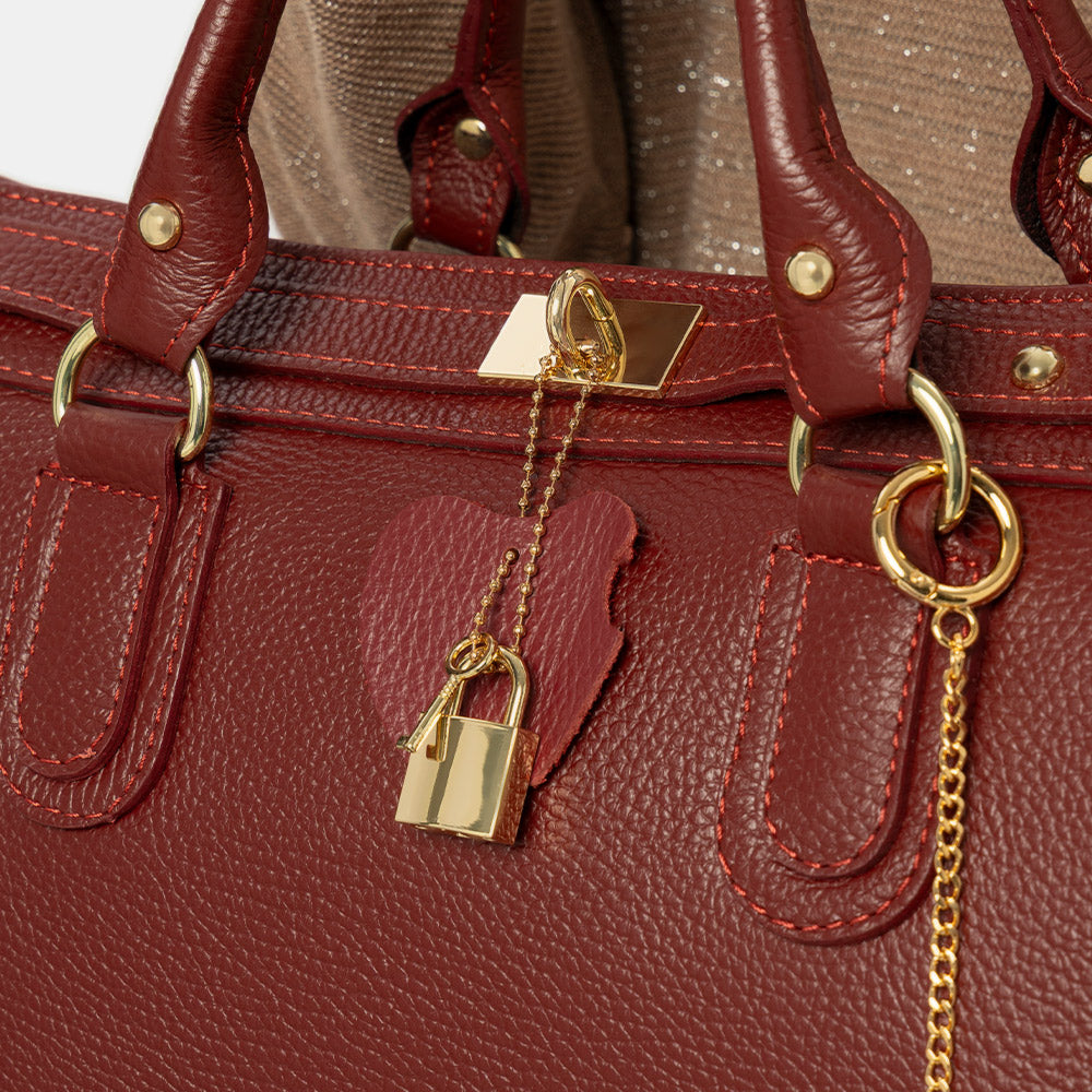 Borsa Bauletto Grande a Mano con Tracolla VIAVERDI in Pelle Bordeaux Made in Italy linea Artimino