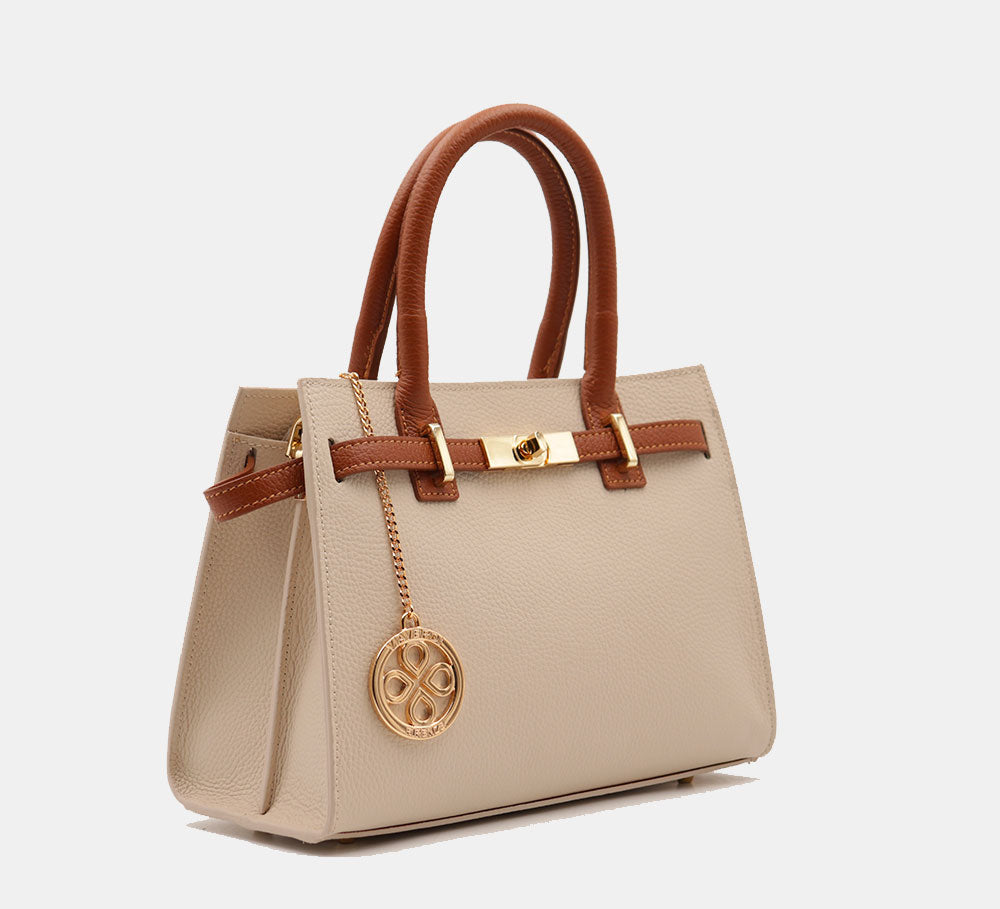 Borsa Donna a Mano VIAVERDI in Pelle Avorio e Cuoio Made in Italy linea Artimino