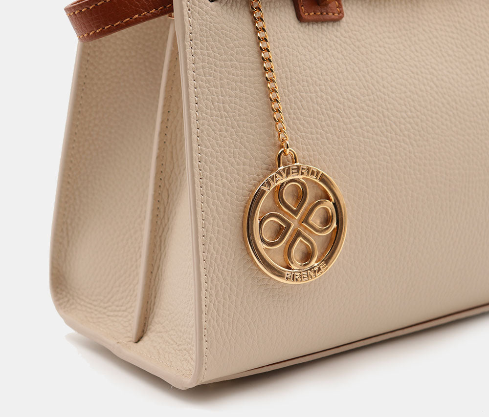 Borsa Donna a Mano VIAVERDI in Pelle Avorio e Cuoio Made in Italy linea Artimino