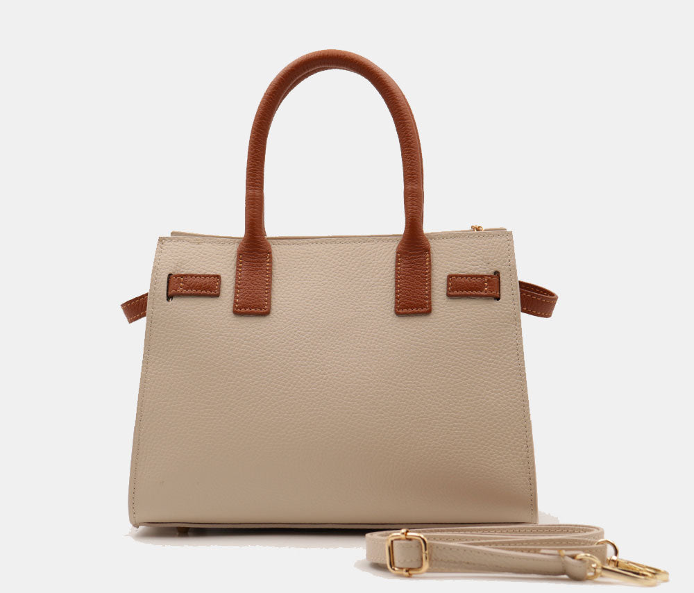 Borsa Donna a Mano VIAVERDI in Pelle Avorio e Cuoio Made in Italy linea Artimino