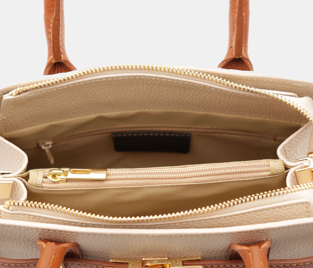 Borsa Donna a Mano VIAVERDI in Pelle Avorio e Cuoio Made in Italy linea Artimino