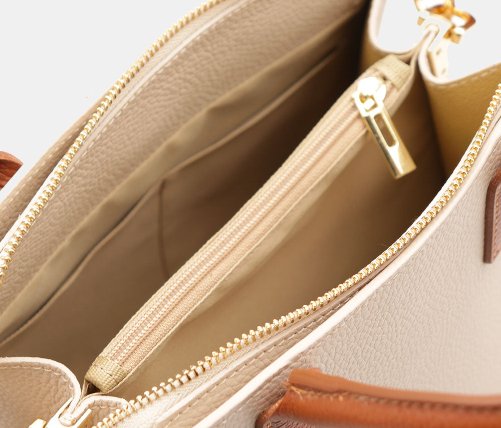 Borsa Donna a Mano VIAVERDI in Pelle Avorio e Cuoio Made in Italy linea Artimino