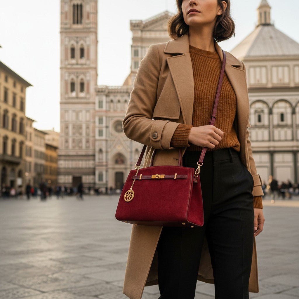 Borsa a Mano VIAVERDI in Camoscio e Pelle Bordeaux Made in Italy linea Artimino
