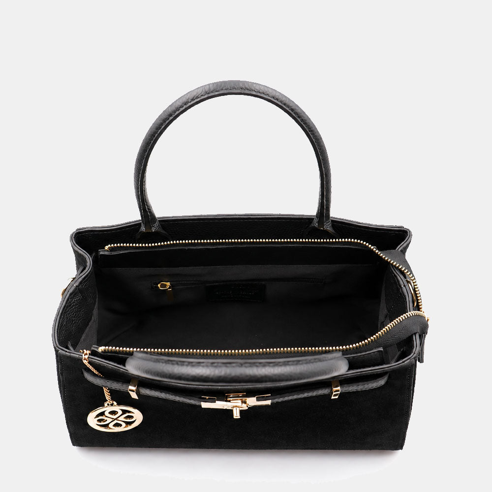 Borsa a Mano VIAVERDI in Camoscio e Pelle Nera Made in Italy linea Artimino