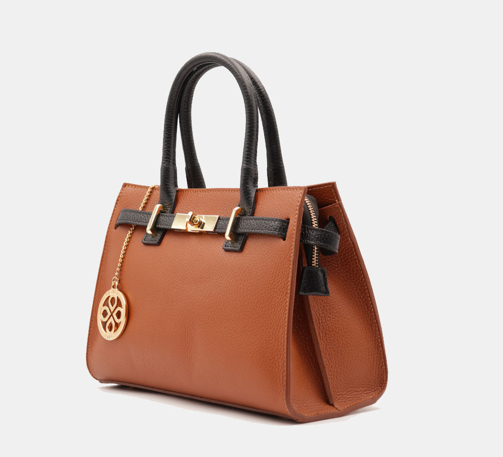 VIAVERDI Women's Handbag in Tan and Black Leather Made in Italy, Artimino line