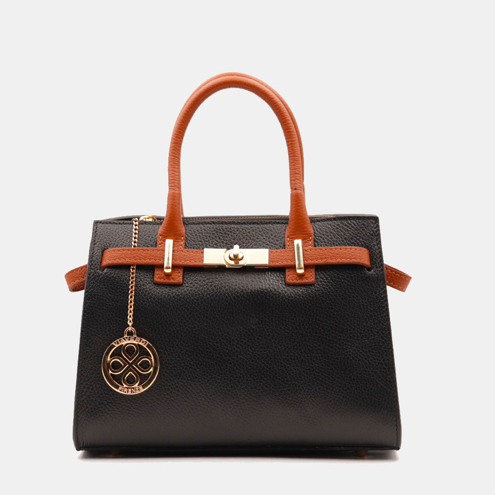 Borsa Donna a Mano VIAVERDI in Pelle Nera e Cuoio Made in Italy linea Artimino