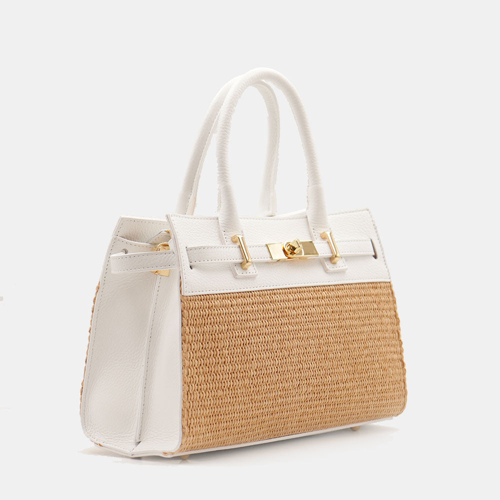 Borsa Donna a Mano VIAVERDI in Rafia e Pelle Bianca Made in Italy linea Artimino