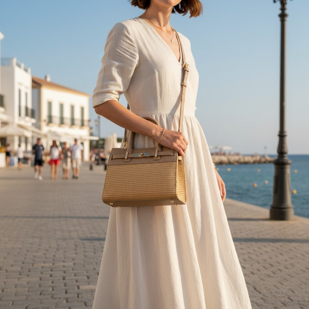 Borsa Donna a Mano VIAVERDI in Rafia e Pelle Beige Made in Italy linea Artimino