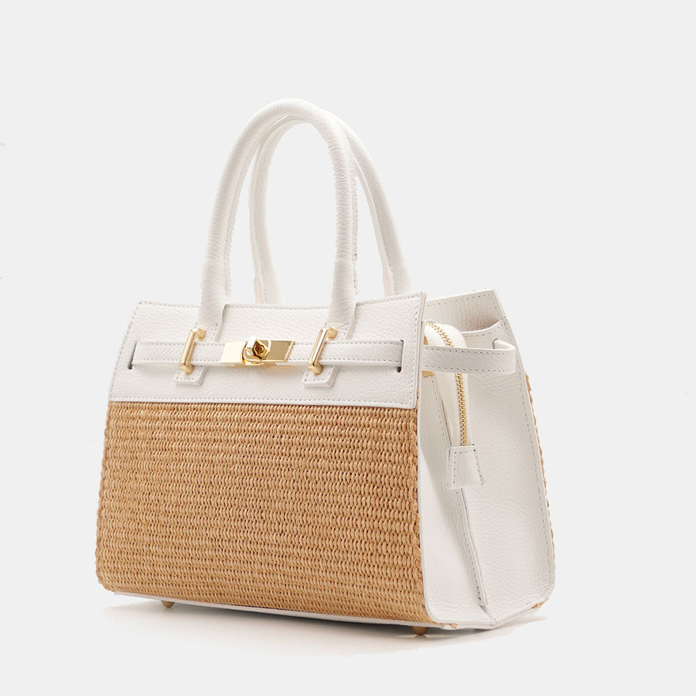 Borsa Donna a Mano VIAVERDI in Rafia e Pelle Bianca Made in Italy linea Artimino