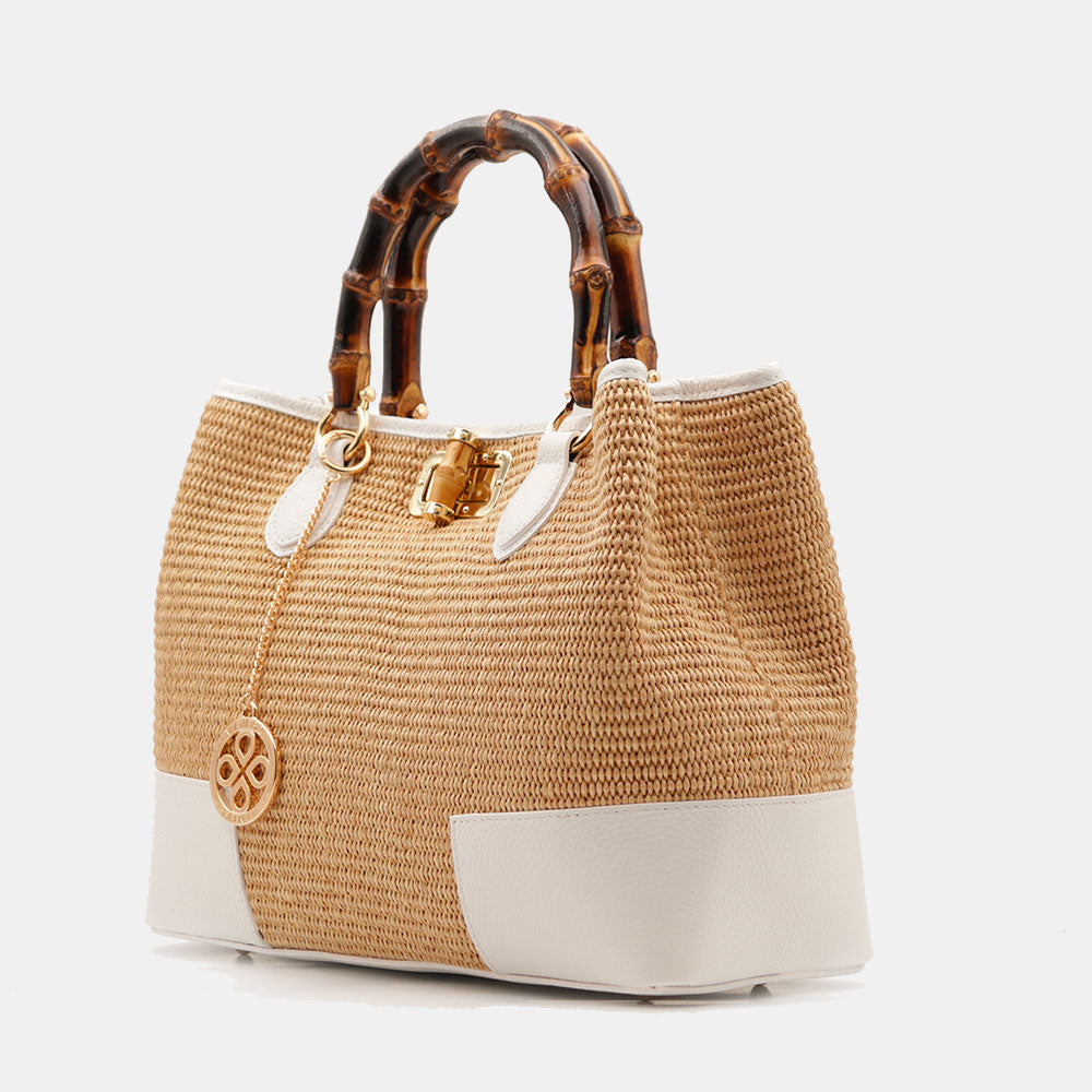 Borsa Grande a Mano VIAVERDI in Rafia e Pelle Bianca Made in Italy linea Volterra