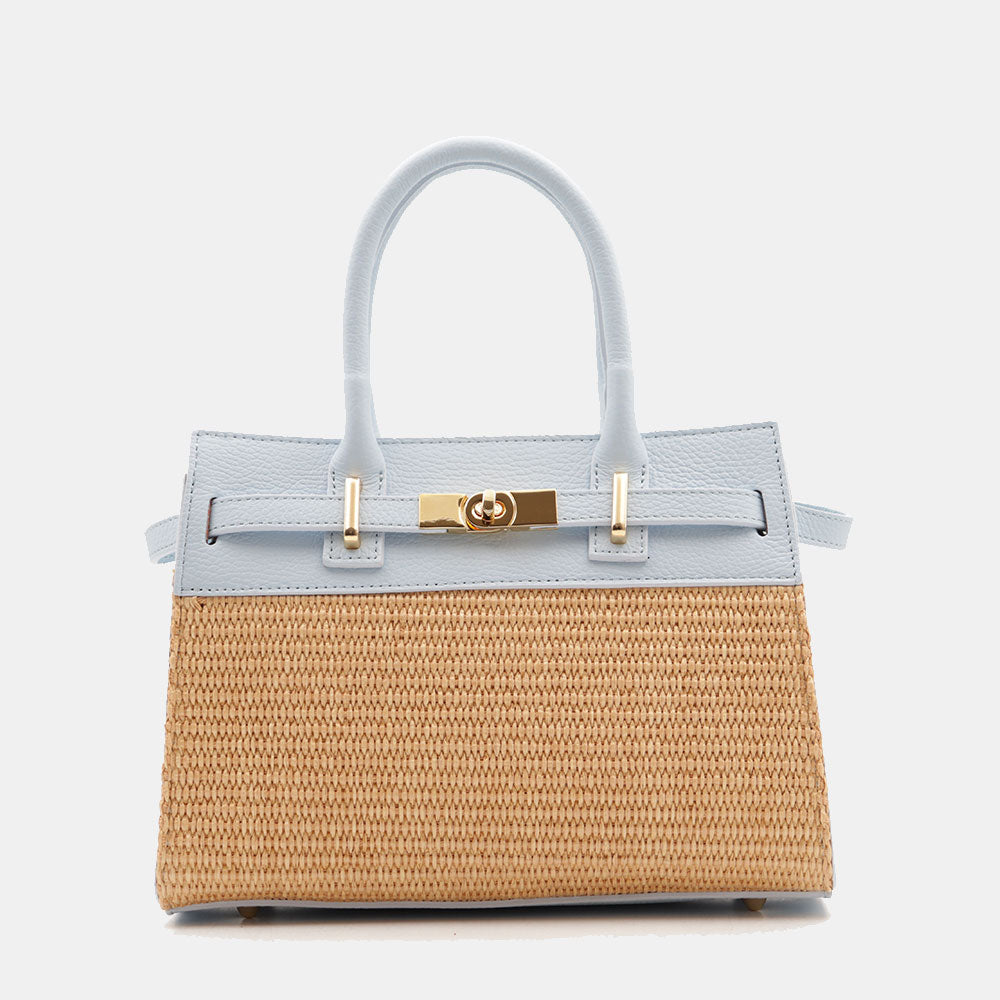 Borsa Donna a Mano VIAVERDI in Rafia e Pelle Celeste Made in Italy linea Artimino