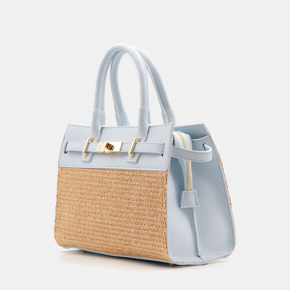 Borsa Donna a Mano VIAVERDI in Rafia e Pelle Celeste Made in Italy linea Artimino
