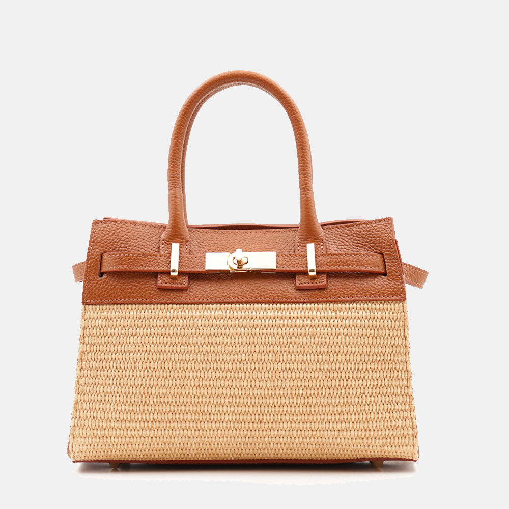 Borsa Donna a Mano VIAVERDI in Rafia e Pelle Color Cuoio Made in Italy linea Artimino