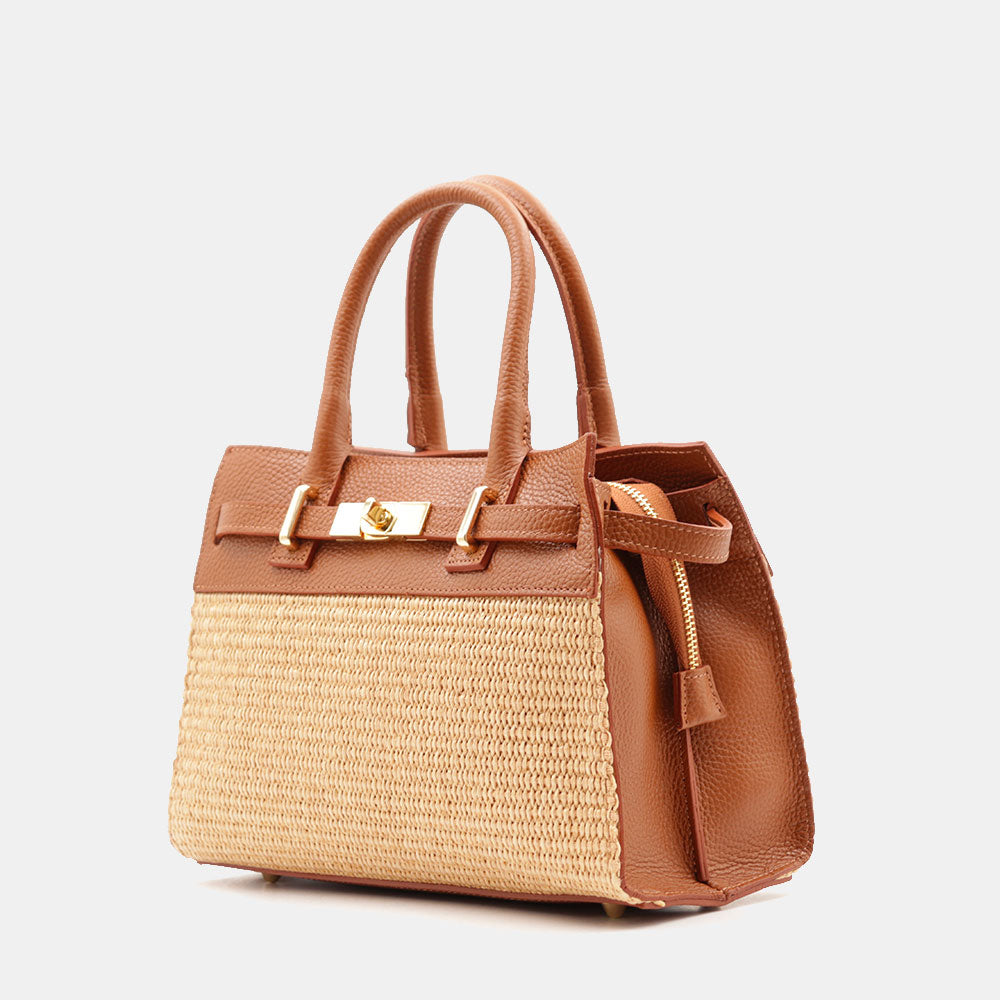 Borsa Donna a Mano VIAVERDI in Rafia e Pelle Color Cuoio Made in Italy linea Artimino