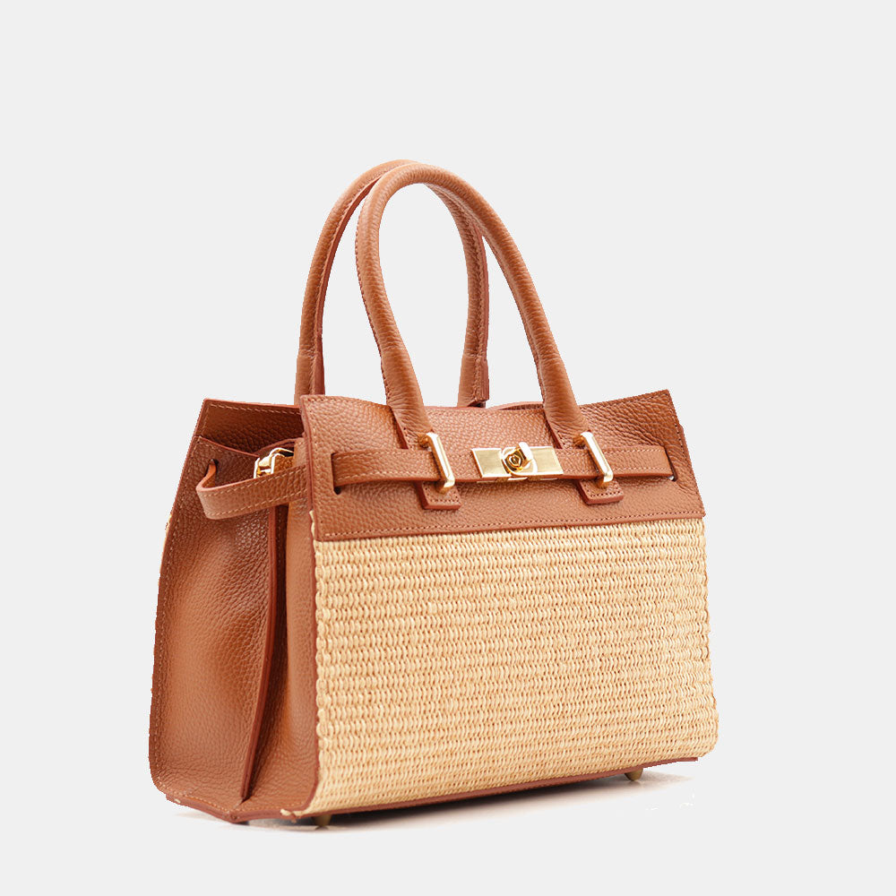 Borsa Donna a Mano VIAVERDI in Rafia e Pelle Color Cuoio Made in Italy linea Artimino