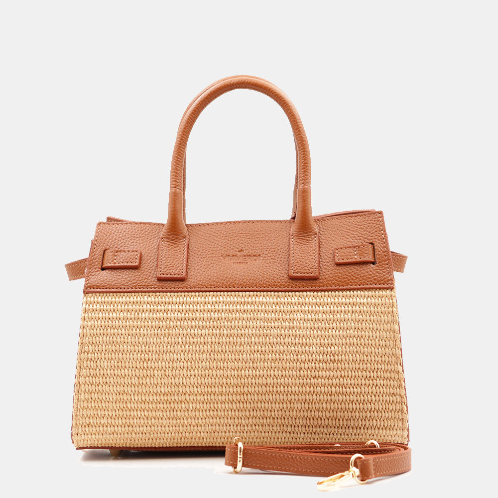 Borsa Donna a Mano VIAVERDI in Rafia e Pelle Color Cuoio Made in Italy linea Artimino