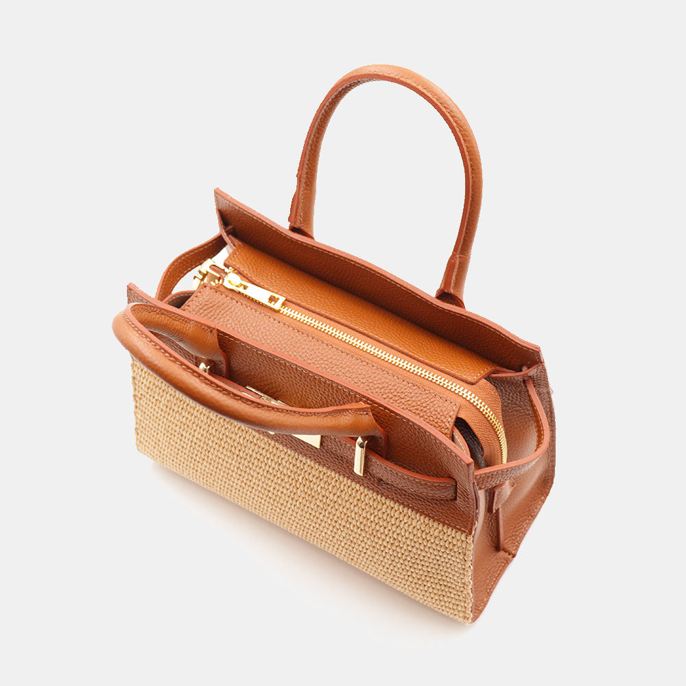 Borsa Donna a Mano VIAVERDI in Rafia e Pelle Color Cuoio Made in Italy linea Artimino