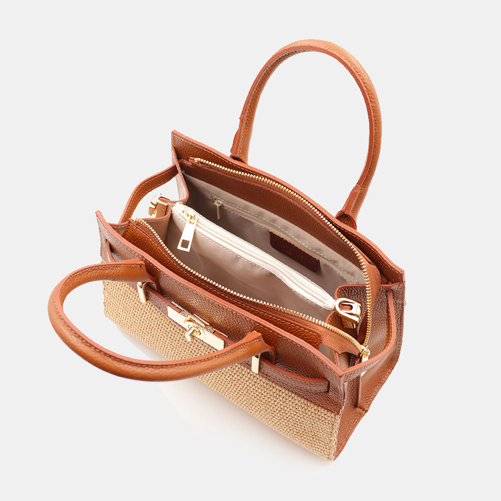 Borsa Donna a Mano VIAVERDI in Rafia e Pelle Color Cuoio Made in Italy linea Artimino