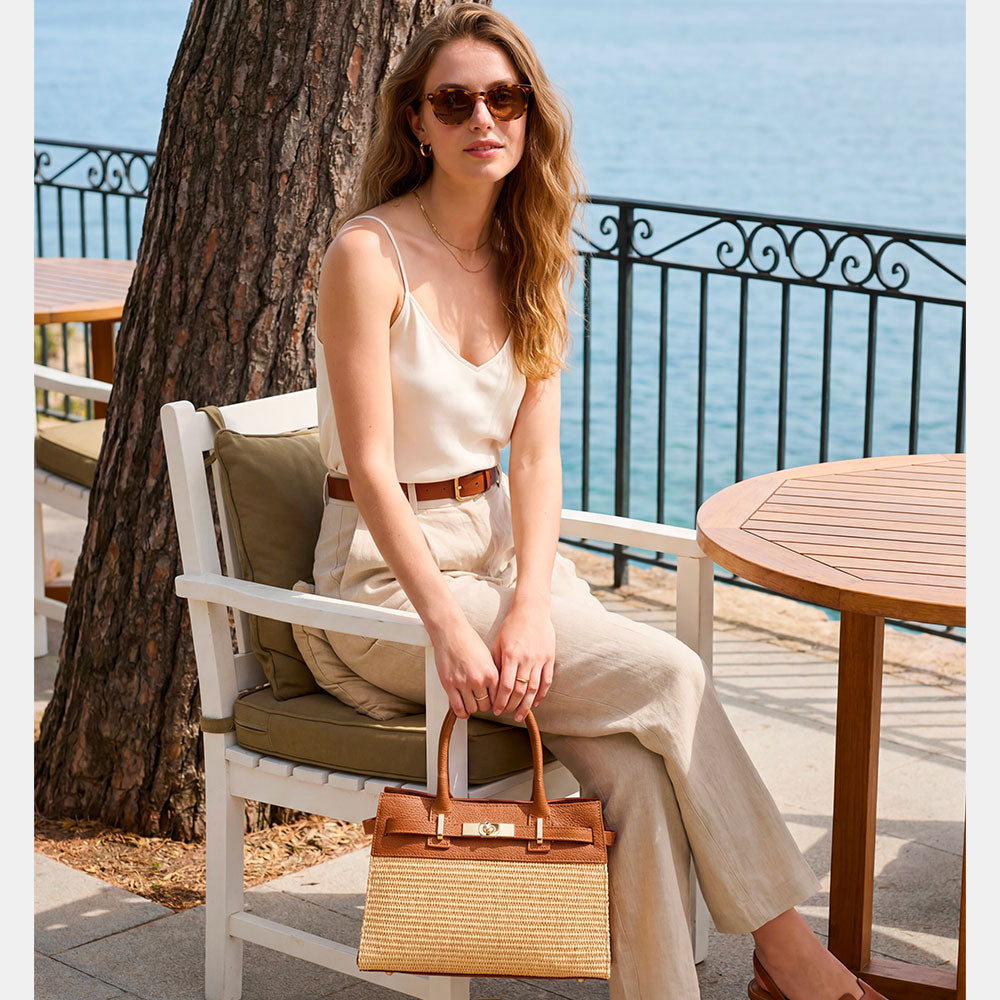 VIAVERDI Damen-Handtasche aus Bast und cognacfarbenem Leder Made in Italy – Kollektion Artimino